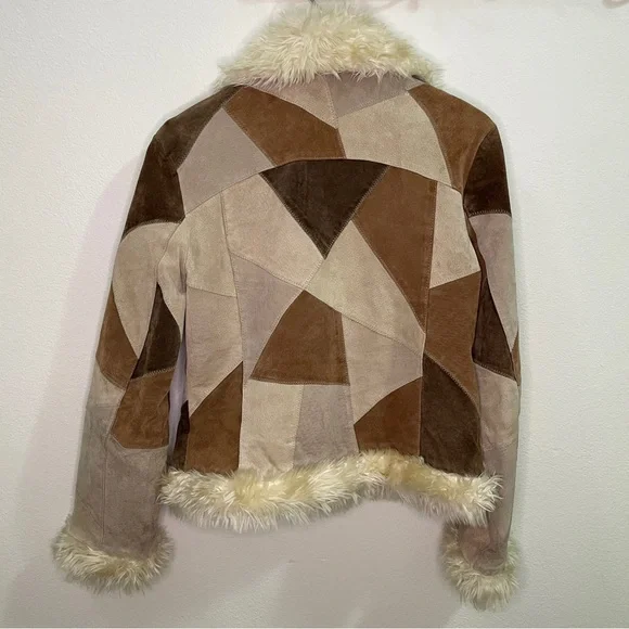 Vintage STATIC Genuine Suede Leather Patchwork Faux Fur Trim Jacket - Brown/Tan - Picture 2 of 16